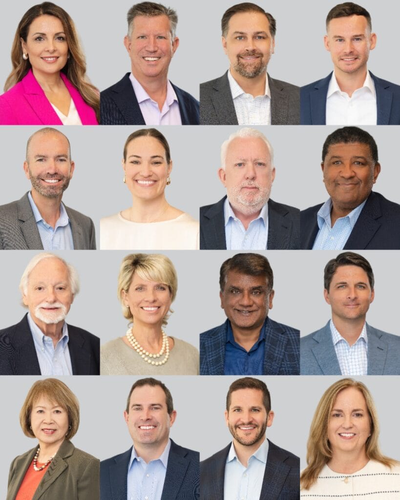 A 4x4 grid collage featuring 16 professional corporate headshots of a diverse team of men and women smiling in business attire against a neutral gray background.