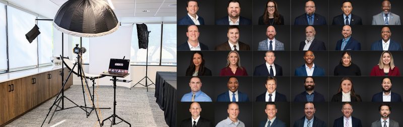 On-site mobile studio setup inside a St. Petersburg office next to a corporate headshots collage grid demonstrating consistent team portrait lighting.