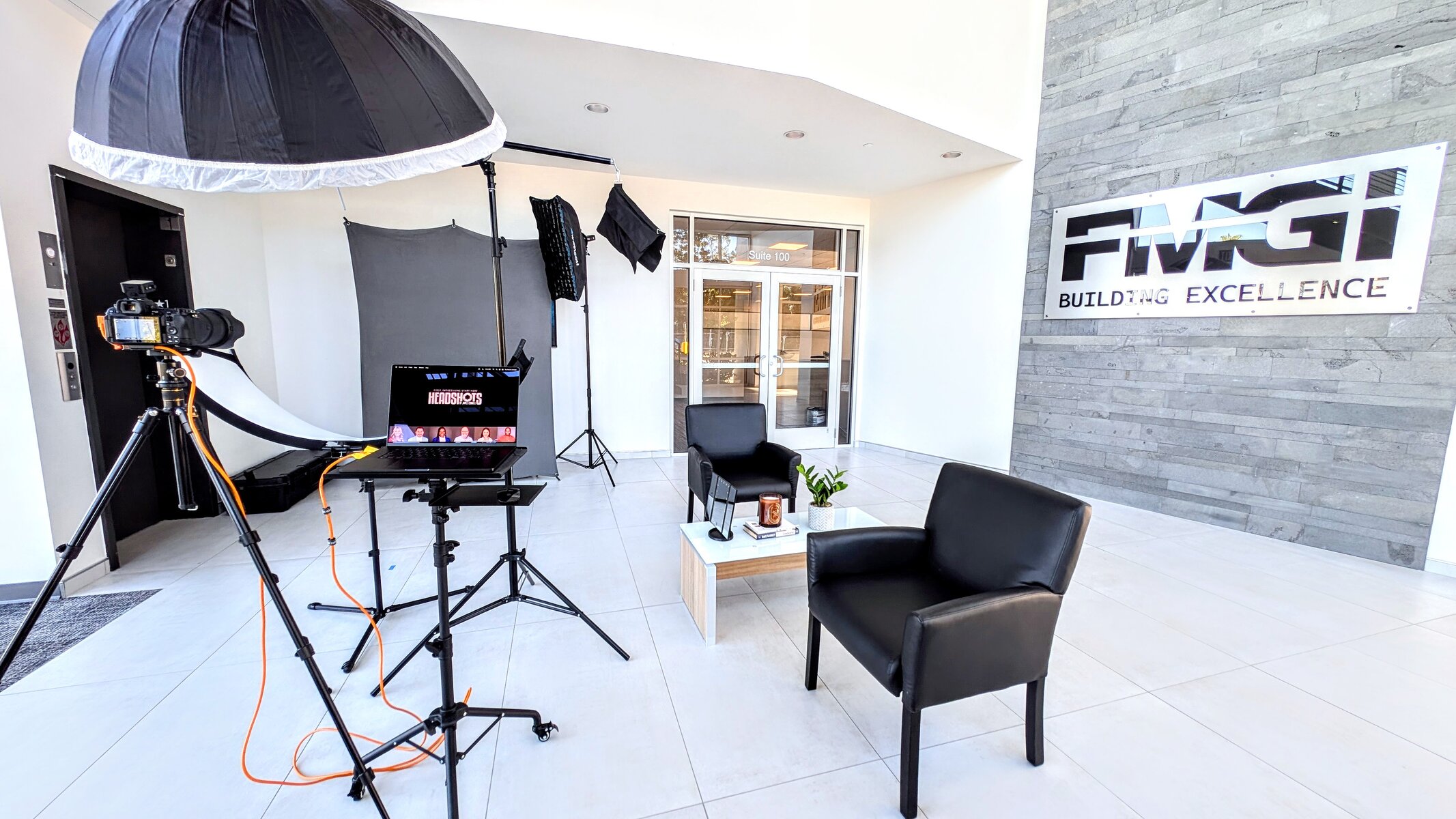 Mobile studio setup for Headshots for Construction Companies Tampa Bay at FMGI Tampa office lobby