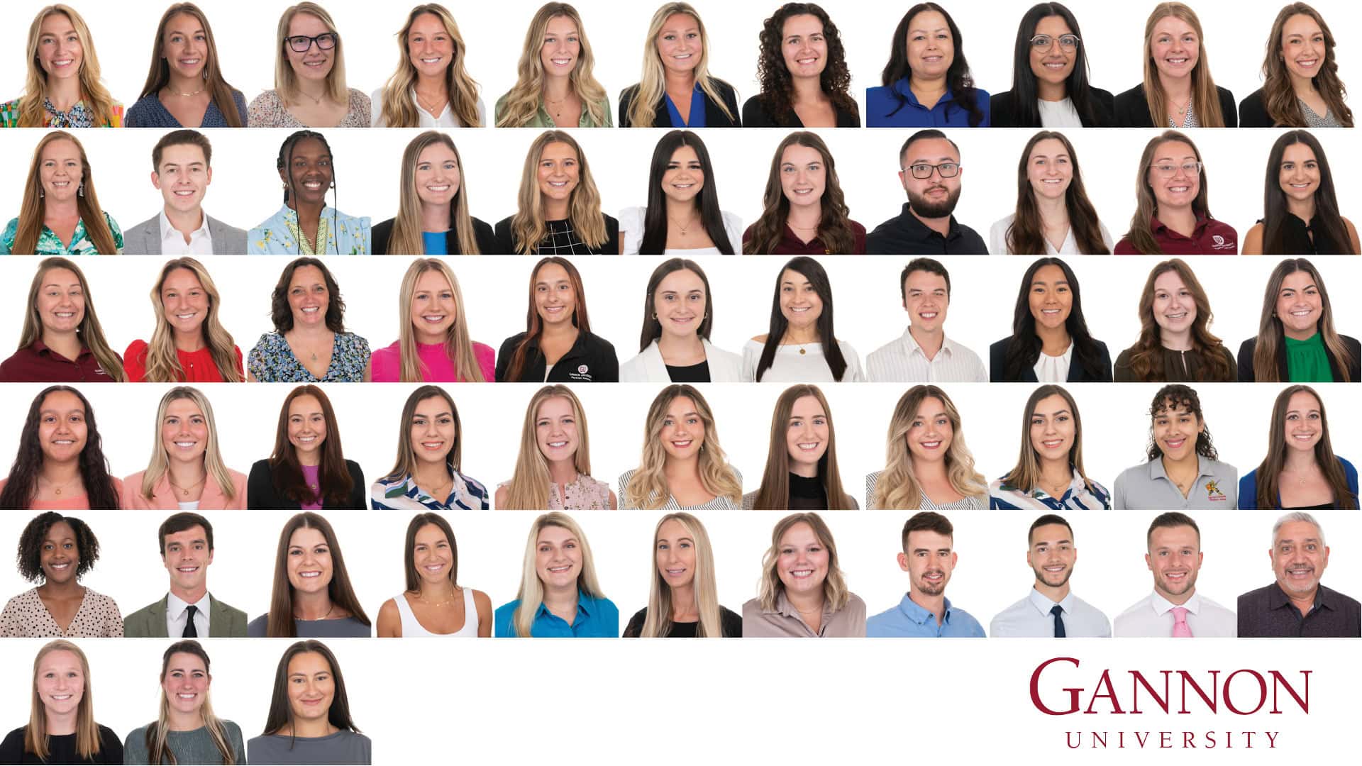 Collage of 58 Gannon University student headshots photographed during a high-volume on-site session in Tampa by James Connell.
