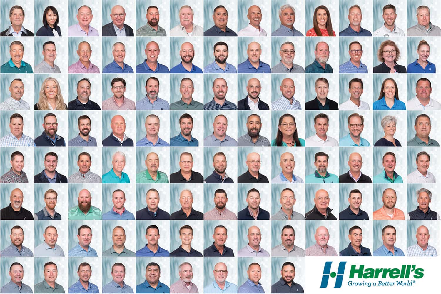 A large group corporate team headshot for Harrell's LLC, headquartered in Lakeland, FL, photographed by James Connell.