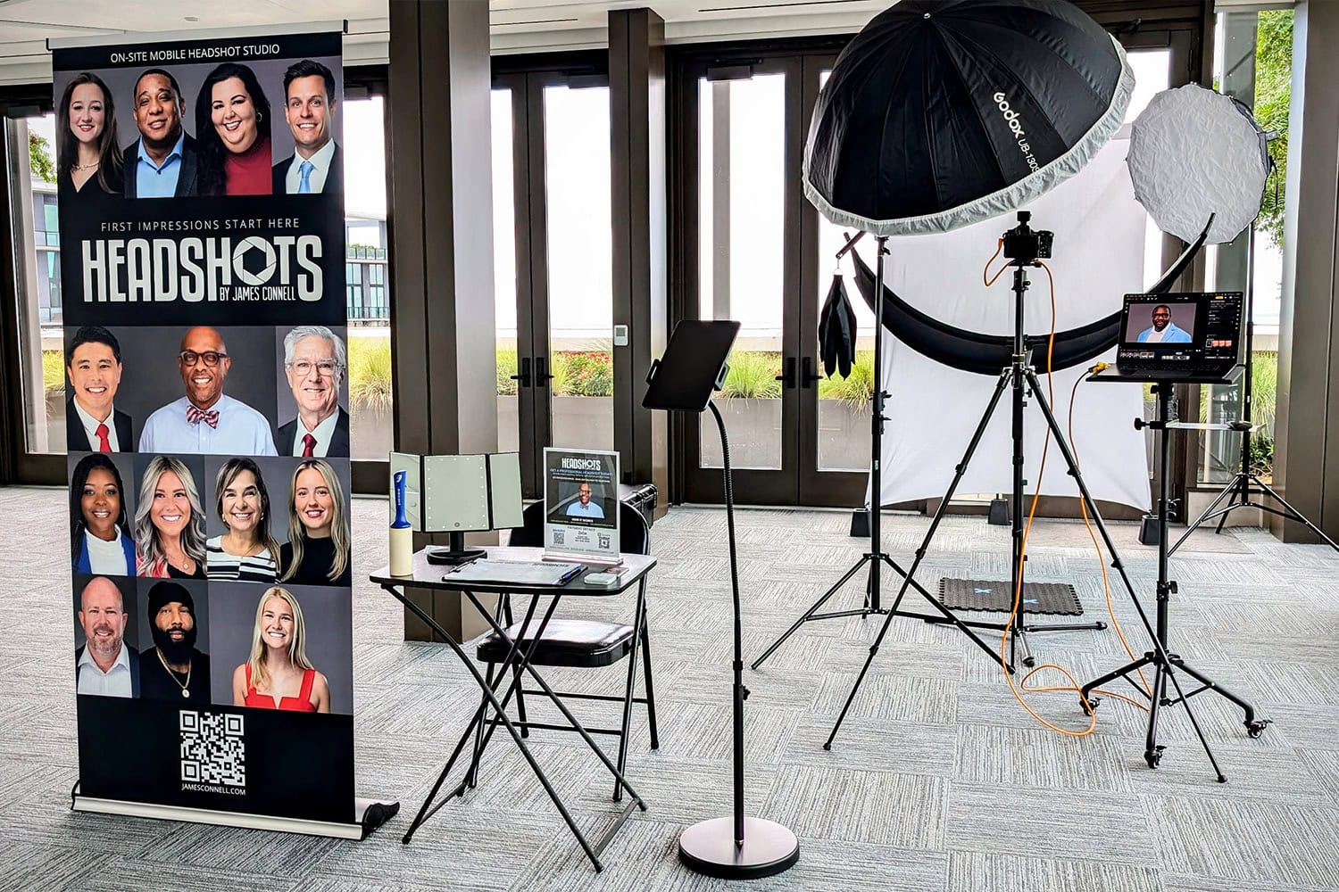 “On-site mobile headshot booth in Tampa by Headshots by James Connell, featuring professional lighting, backdrop, and same-day image review.