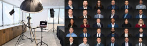 On-site mobile studio setup inside a St. Petersburg office next to a corporate headshots collage grid demonstrating consistent team portrait lighting.