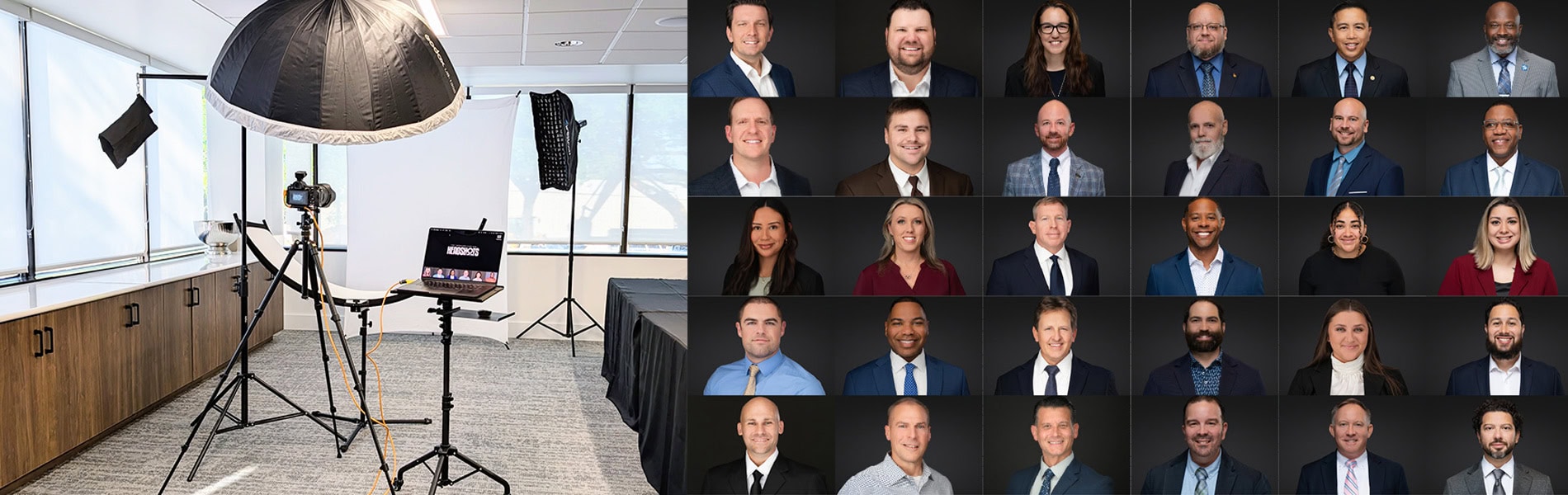 On-site mobile studio setup inside a St. Petersburg office next to a corporate headshots collage grid demonstrating consistent team portrait lighting.